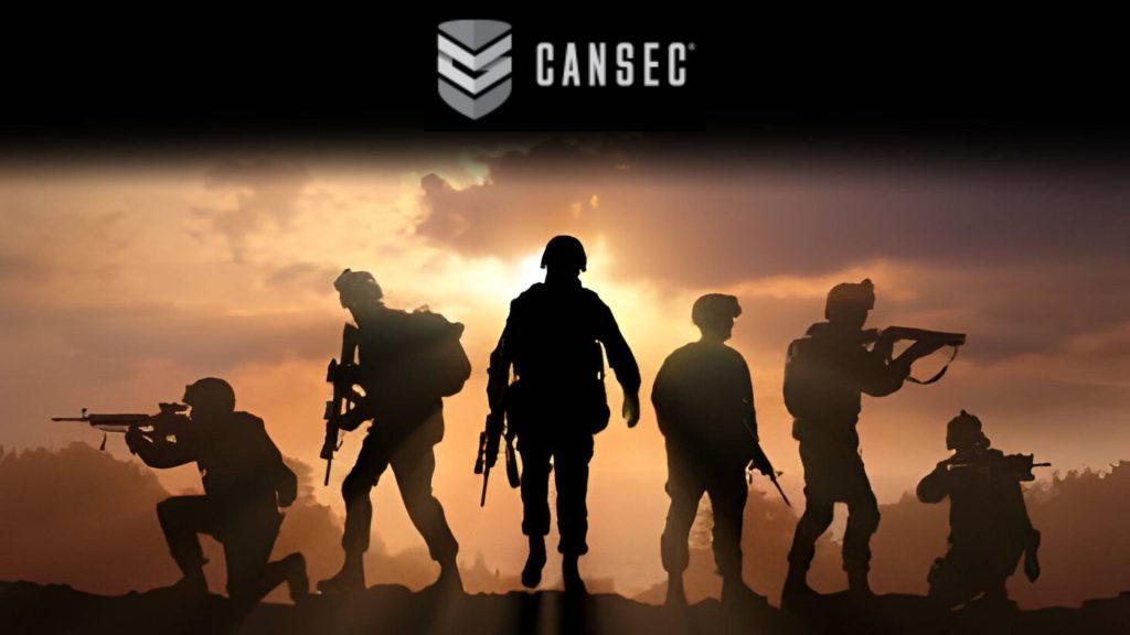 This picture shows the Cansec logo and soldiers on the field with the guns.